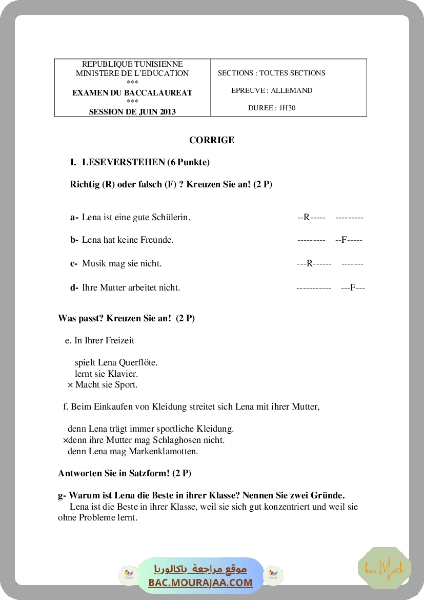 Corrigé principale  Bac 2013 – Section math